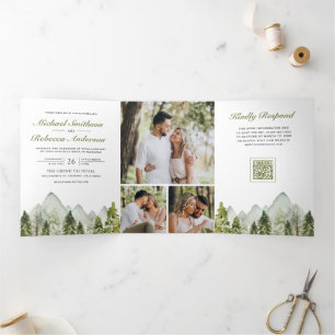 Watercolor Mountain Pine Forest QR Code Wedding Tri-Fold Invitation