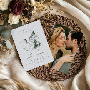 Watercolor Mountain Pine Forest Save The Date Card
