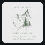 Watercolor Mountain Pine Forest Save The Date Card Square Sticker<br><div class="desc">Evergreen Pine Mountain Sketch Save the Date Stickers - Amidst the timeless beauty of towering evergreen pines and the quiet majesty of rustic mountains, love has found its forever home. Please join us as we celebrate a love as enduring as the peaks and as vibrant as the lush forests below....</div>