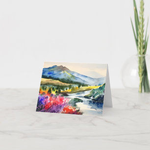 Watercolor mountain river and flowers customizable card