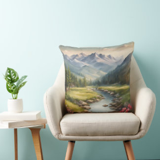 Watercolor Mountain River Landscape Throw Pillow