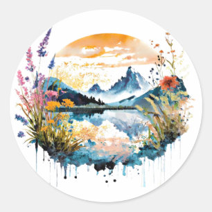 Watercolor mountain scene classic round sticker