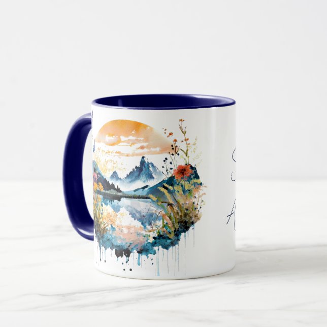 Watercolor mountain scene custom text mug (Front Left)