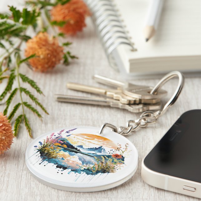 Watercolor mountain scene keychain (Front Right)