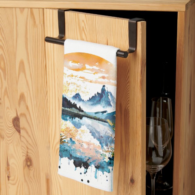 Watercolor mountain scene kitchen towel (Thirds Fold)