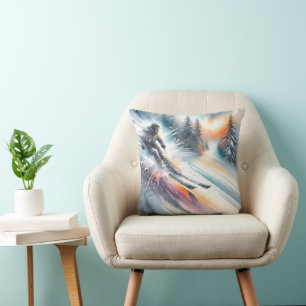 Watercolor Mountain Snow Skier Throw Pillow