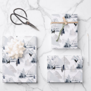 Watercolor Mountain Stag Christmas Wrapping Paper Sheet