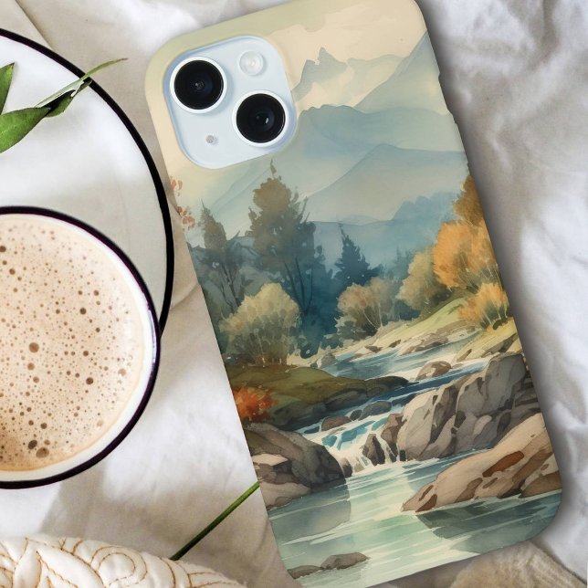 Watercolor Mountain Stream Landscape iPhone 15 Case (Creator Uploaded)