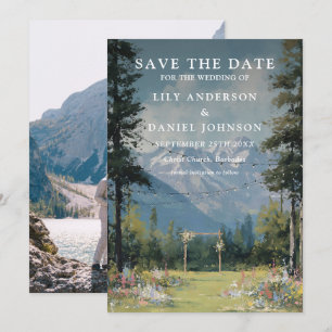 Watercolor Mountain String Lights Photo Wedding Save The Date