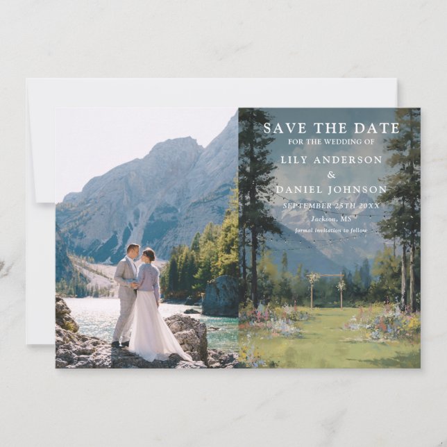 Watercolor Mountain String Lights Wedding Photo Save The Date (Front)
