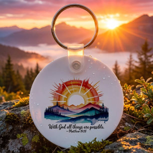 Watercolor Mountain Sunrise Bible Verse Keychain