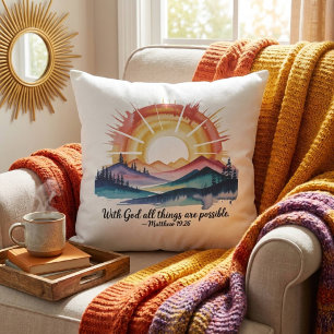 Watercolor Mountain Sunrise Bible Verse Throw Pillow
