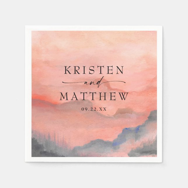 Watercolor Mountain Sunset Rustic Wedding Napkin (Front)