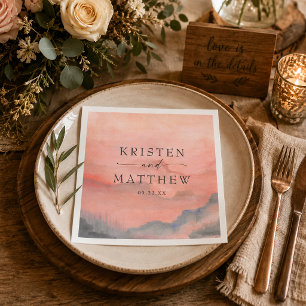 Watercolor Mountain Sunset Rustic Wedding Napkin