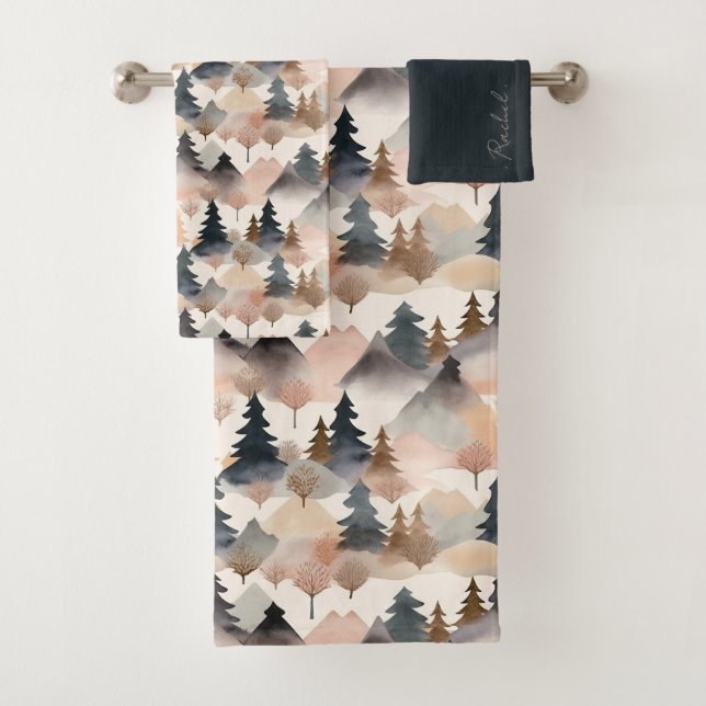 Watercolor Mountain Tree Boho Monogram Bath Towel Set (Insitu)