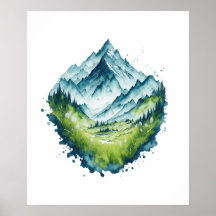 Watercolor Mountain Valley Landscape