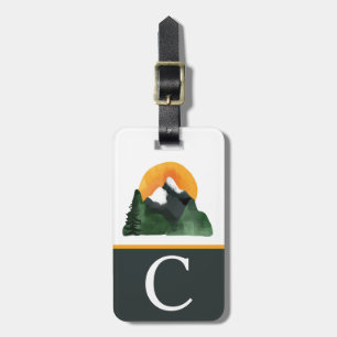 Watercolor Mountain View, Sunset, Kid's Initial Luggage Tag