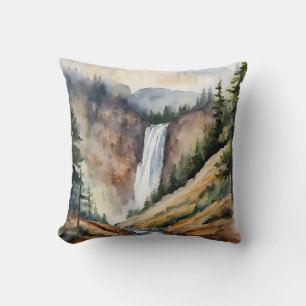 Watercolor Mountain Waterfall Trees Nature Scene Throw Pillow