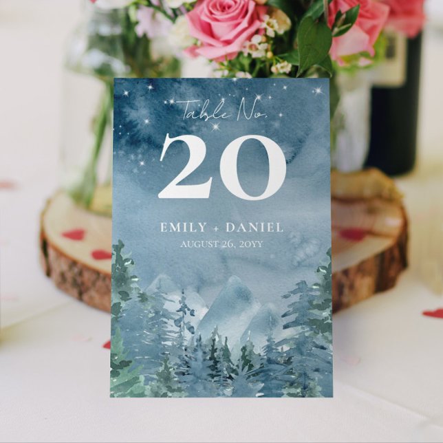 Watercolor Mountain Wedding Dusk Table Number 5x7 (Dark Dusk Blue Rustic Mountain Wedding / Event Table Number )