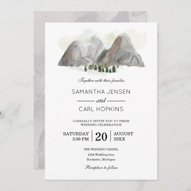 watercolor mountain wedding invitation (Front/Back)