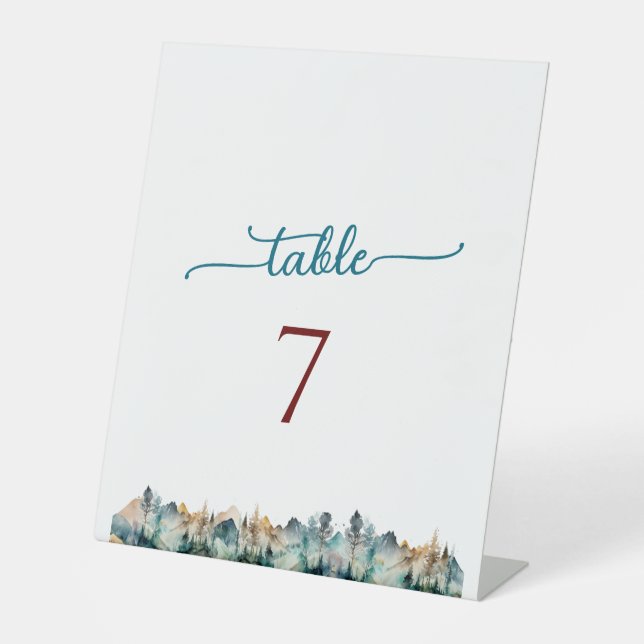 Watercolor Mountain Wedding Table Number  Pedestal Sign (Front)
