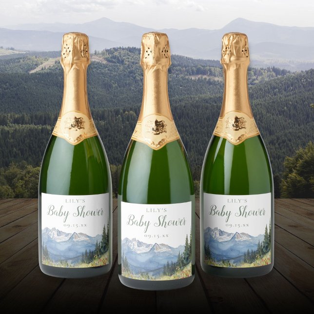 Watercolor Mountain Wildflower Baby Shower Sparkling Wine Label (Watercolor Mountain Wildflower Baby Shower Sparkling Wine Label)