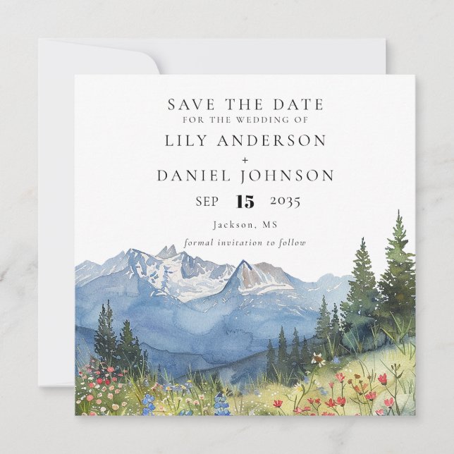Watercolor Mountain Wildflower Floral Wedding Save The Date (Front)