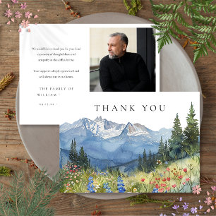 Watercolor Mountain Wildflower Funeral Photo Thank You Card