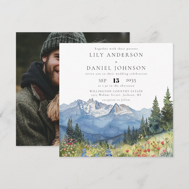 Watercolor Mountain Wildflower Photo Wedding Invitation (Front/Back)
