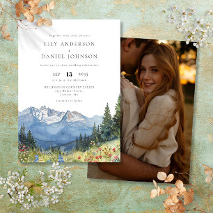 Watercolor Mountain Wildflower Photo Wedding Invitation