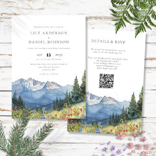Watercolor Mountain Wildflower QR Code Wedding Invitation