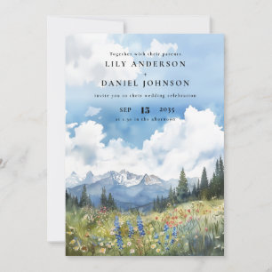 Watercolor Mountain Wildflower QR Code Wedding Invitation