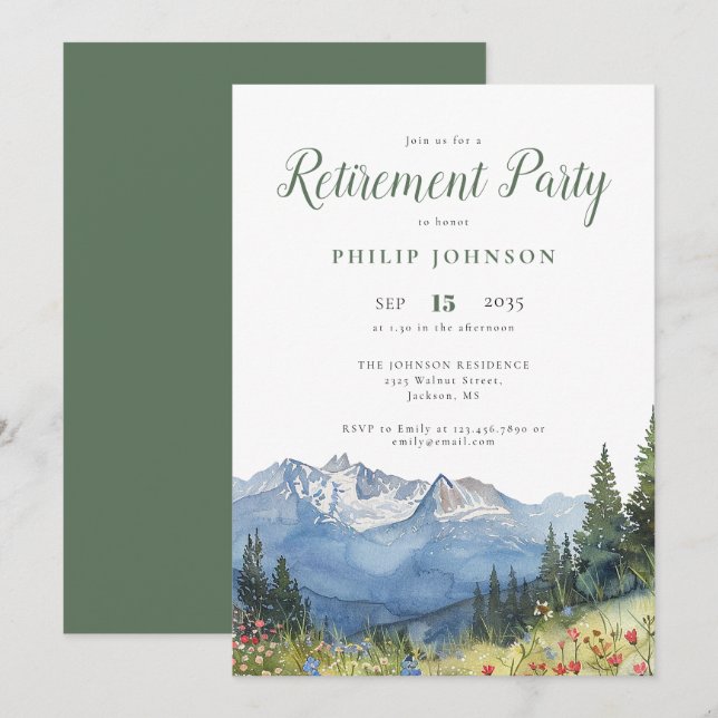 Watercolor Mountain Wildflowers Retirement Party Invitation (Front/Back)