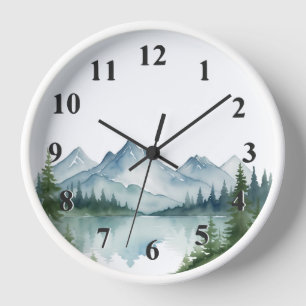 Watercolor Mountains and Green Pine Trees Nature Clock