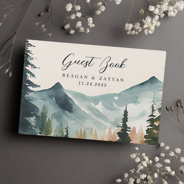 Watercolor Mountains And Pines Rustic Wedding Guest Book (Creator Uploaded)