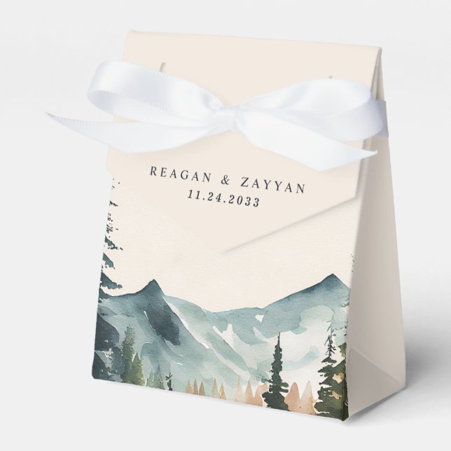 Watercolor Mountains And Pines  Wedding Favor Box (Front Side)
