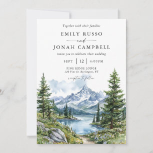 Watercolor Mountains and Trees Outdoor Wedding Invitation