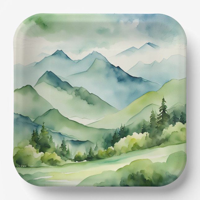 Watercolor Mountains and Trees Paper Plate (Front)