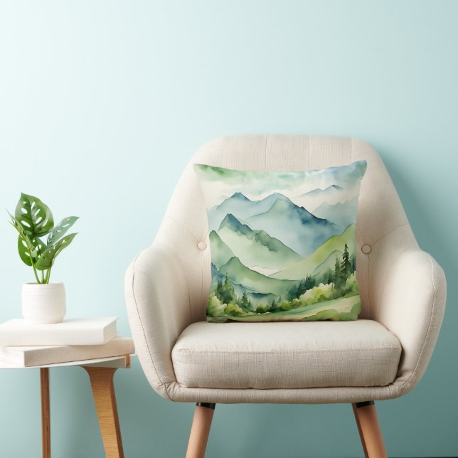 Watercolor Mountains and Trees Throw Pillow (Chair)