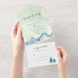 Watercolor Mountains and Trees Wedding All In One Invitation