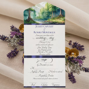Watercolor Mountains & Blue Ribbon Wedding All In One Invitation