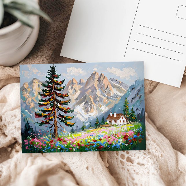 Watercolor Mountains Cabin Wildflowers Landscape Postcard (Creator Uploaded)