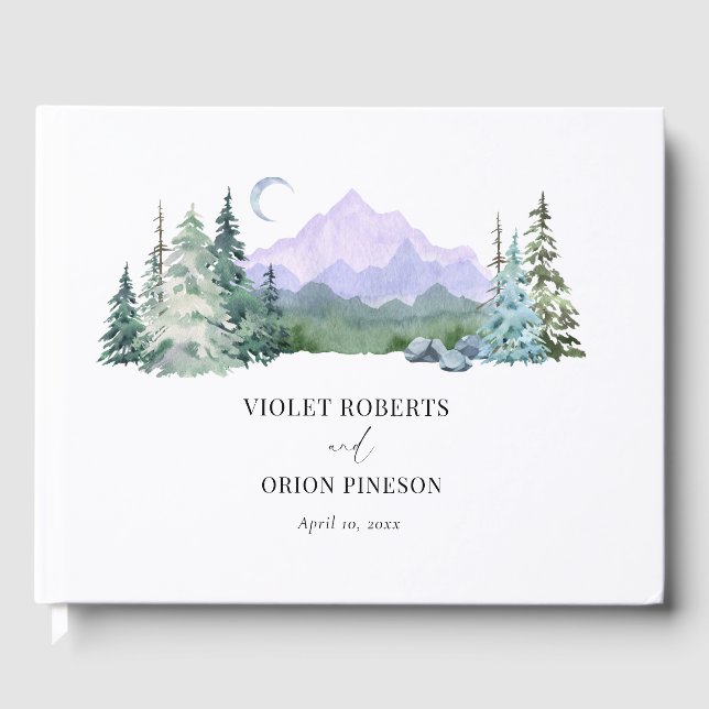 Watercolor Mountains Forest Elegant Wedding Guest Book (Front)