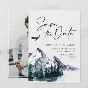 Watercolor Mountains Forest Wedding Photo  Save The Date