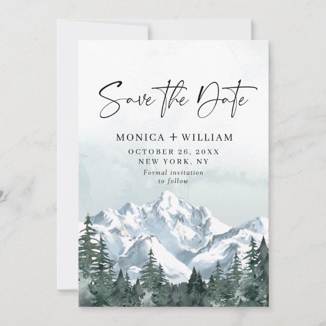 Watercolor Mountains Forest Wedding Photo Save The Date (Front)