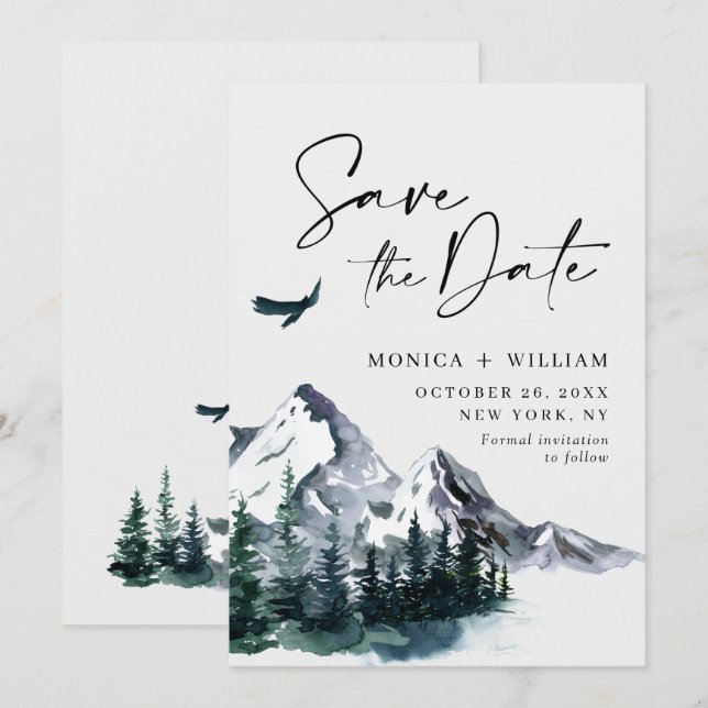 Watercolor Mountains Forest Wedding  Save The Date (Front/Back)