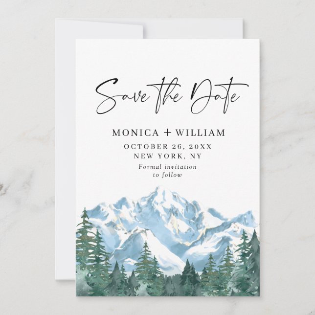 Watercolor Mountains Forest Wedding  Save The Date (Front)