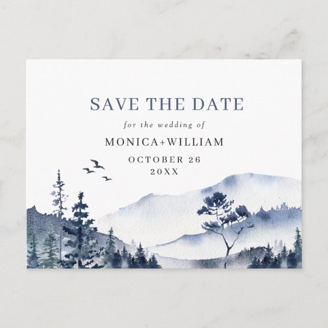 Watercolor Mountains Forest Wedding Save the Date Postcard (Front)
