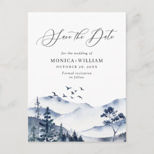 Watercolor Mountains Forest Wedding Save the Date Postcard