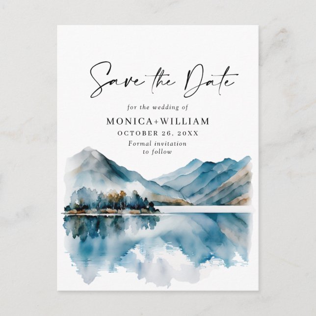 Watercolor Mountains Forest Wedding Save the Date Postcard (Front)